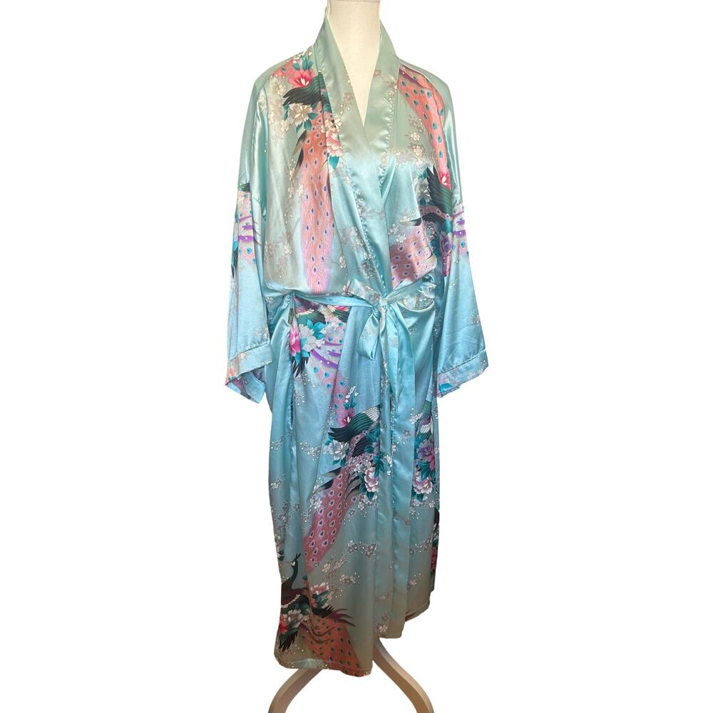 Vintage Y2K Applesauce Satin Peacock Floral Kimono Robe - One Size - Picture 2 of 7
